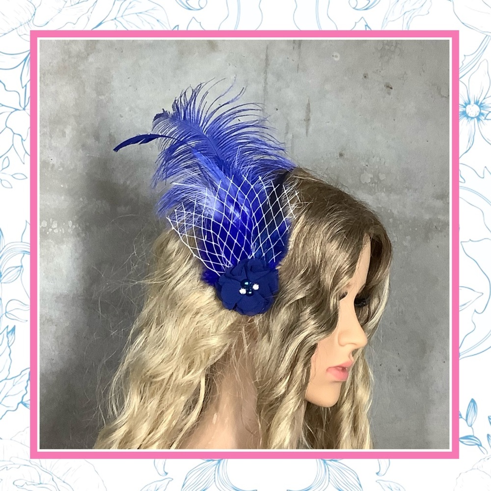 🌺 FEATHER HAIR FASCINATOR FLOWER PIN UP BOHO CHIC ROYAL NAVY BLUE ELEGANT FANCY